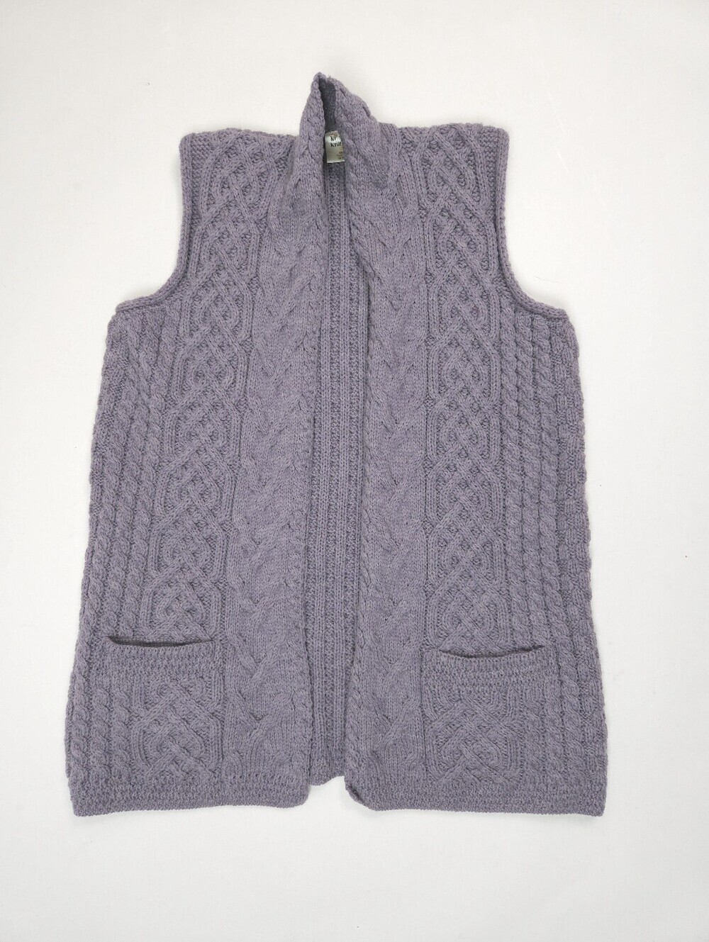 Kilronan Knitwear Marino Wool Cable Knit Ireland Cardigan Long Vest Purple S